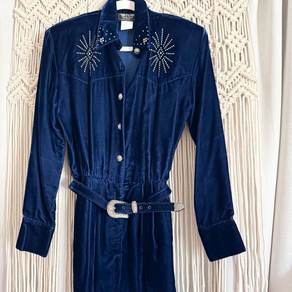 Vintage Western PG Collections Midnight Blue Velvet Jumpsuit w/ Belt – Size 6